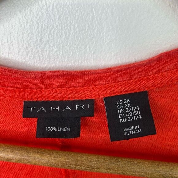 Tahari 2X Red Linen Top V-Neck Short Sleeve Lightweight Coastal Oversized Boho - Picture 4 of 8